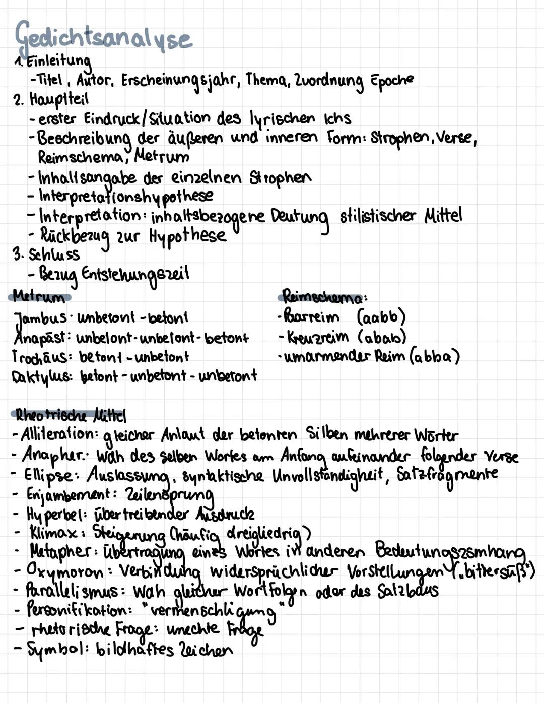 # Gedichtsanalyse

1. Einleitung
-Titel, Autor, Erscheinungsjahr, Thema, Zuordnung Epoche

2. Hauptteil
- erster Eindruck/Situation des lyri