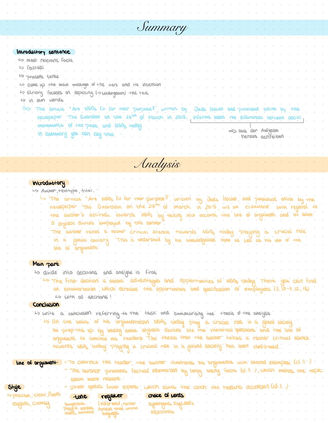 Introductory sentence
most relevant facts
<> factual
2 present tense
L> sums up the main message of the text and its intention
2> strictly f
