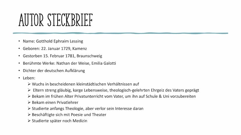 EMILIA GALOTTI
Deutsch INHALTSVERZEICHNIS
Allgemeine Fakten
• Autor Steckbrief
Inhaltliche Zusammenfassung
Figuren
●
●
• Figurenkonstellatio