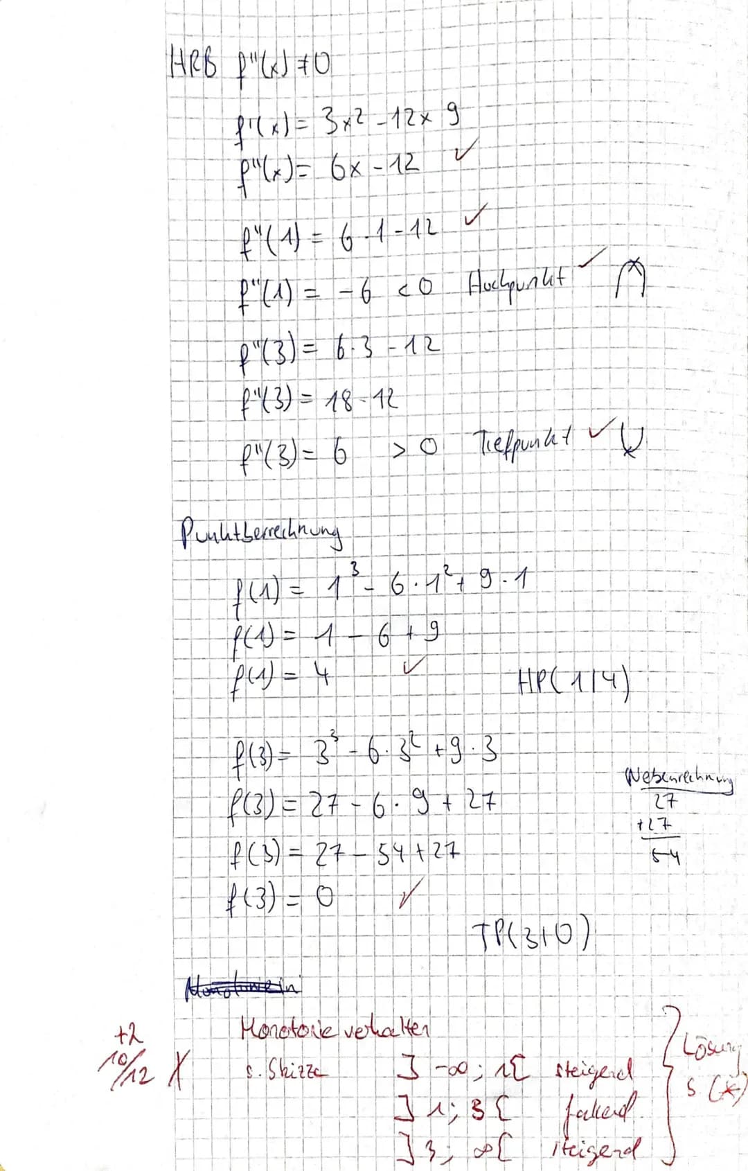 Mathe Klausur
1 a)
x=0
x ₂ = 3
f(x) = x² - 6x² + 9x
0 = x² - 6x ² + 9 x | ()
0 = x (x ² 6×19)
7
f (x)=x²-6x²+9x+[0] =>
Der
durch den Ursprun