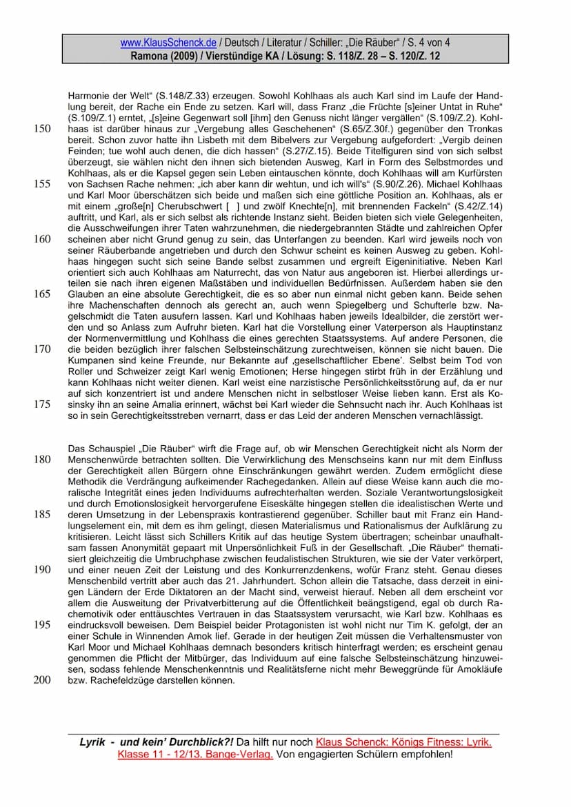 5
10
15
20
25
30
www.KlausSchenck.de / Deutsch / Literatur / Schiller: „Die Räuber" / S. 1 von 4
Ramona (2009) / Vierstündige KA / Lösung: S