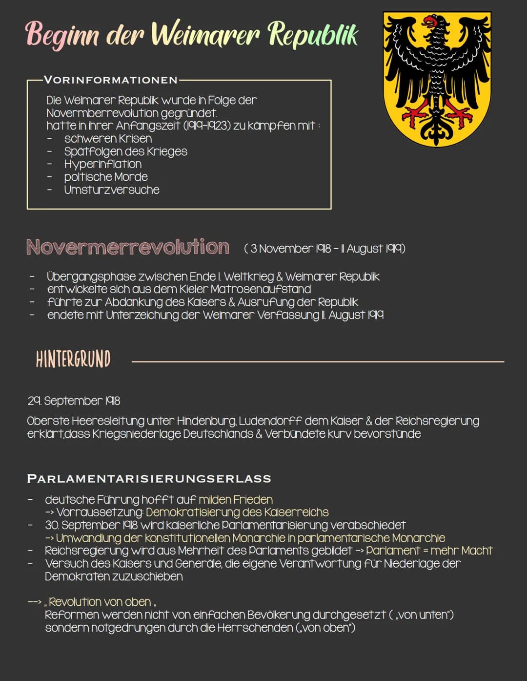 Beginn der Weimarer Republik
VORINFORMATIONEN
Die Weimarer Republik wurde in Folge der
Novermberrevolution gegründet.
hatte in ihrer Anfangs