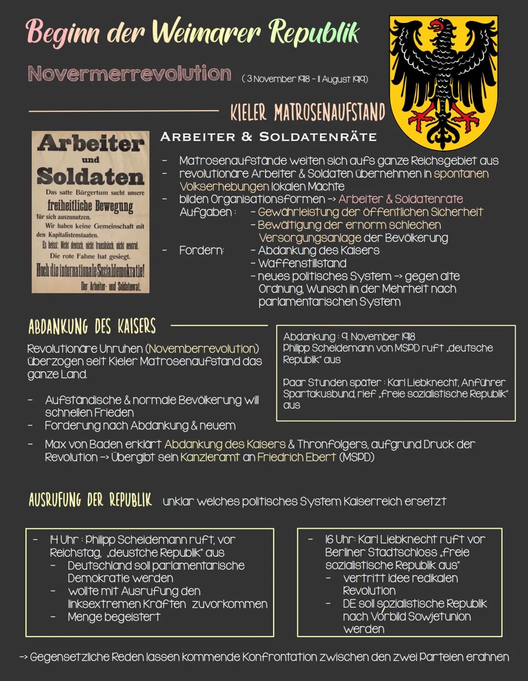 Beginn der Weimarer Republik
VORINFORMATIONEN
Die Weimarer Republik wurde in Folge der
Novermberrevolution gegründet.
hatte in ihrer Anfangs