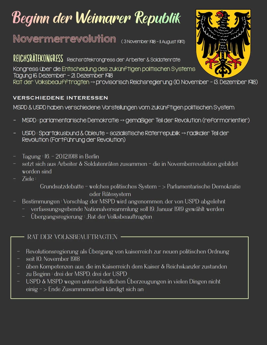 Beginn der Weimarer Republik
VORINFORMATIONEN
Die Weimarer Republik wurde in Folge der
Novermberrevolution gegründet.
hatte in ihrer Anfangs