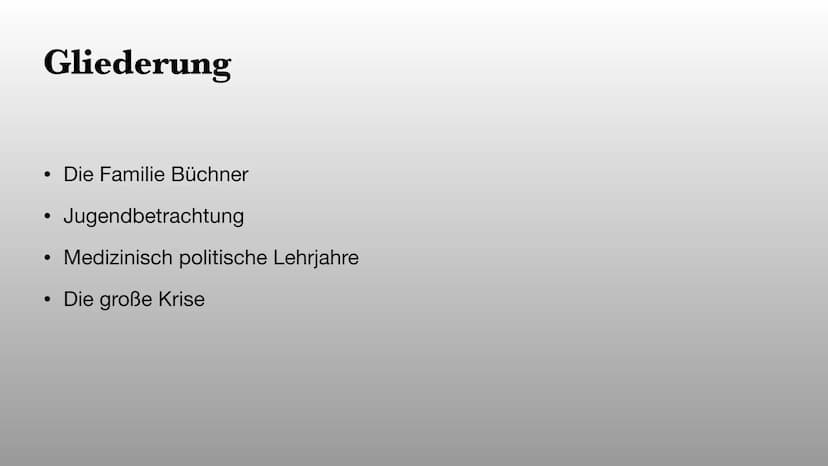 Georg Büchner
? Hi Gliederung
●
●
Die Familie Büchner
Jugendbetrachtung
Medizinisch politische Lehrjahre
Die große Krise Familie Büchners
• 