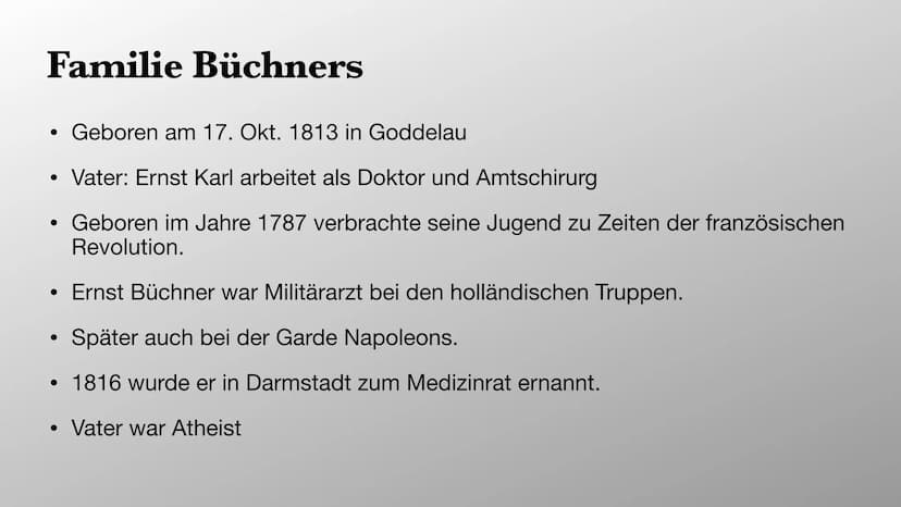 Georg Büchner
? Hi Gliederung
●
●
Die Familie Büchner
Jugendbetrachtung
Medizinisch politische Lehrjahre
Die große Krise Familie Büchners
• 