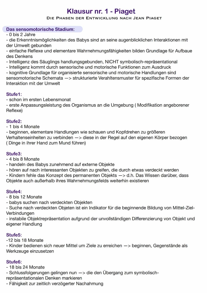 Fachbegriffe:
Klausur nr. 1- Piaget
Adaption/Adaptation: Der Anpassungsprozess der kognitiven Strukturen
Assimilation: Verwenden der bekannt