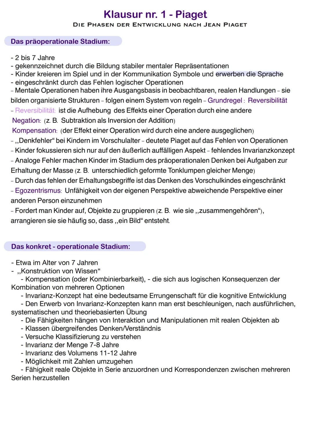 Fachbegriffe:
Klausur nr. 1- Piaget
Adaption/Adaptation: Der Anpassungsprozess der kognitiven Strukturen
Assimilation: Verwenden der bekannt