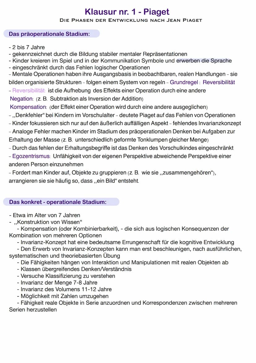 Fachbegriffe:
Klausur nr. 1- Piaget
Adaption/Adaptation: Der Anpassungsprozess der kognitiven Strukturen
Assimilation: Verwenden der bekannt