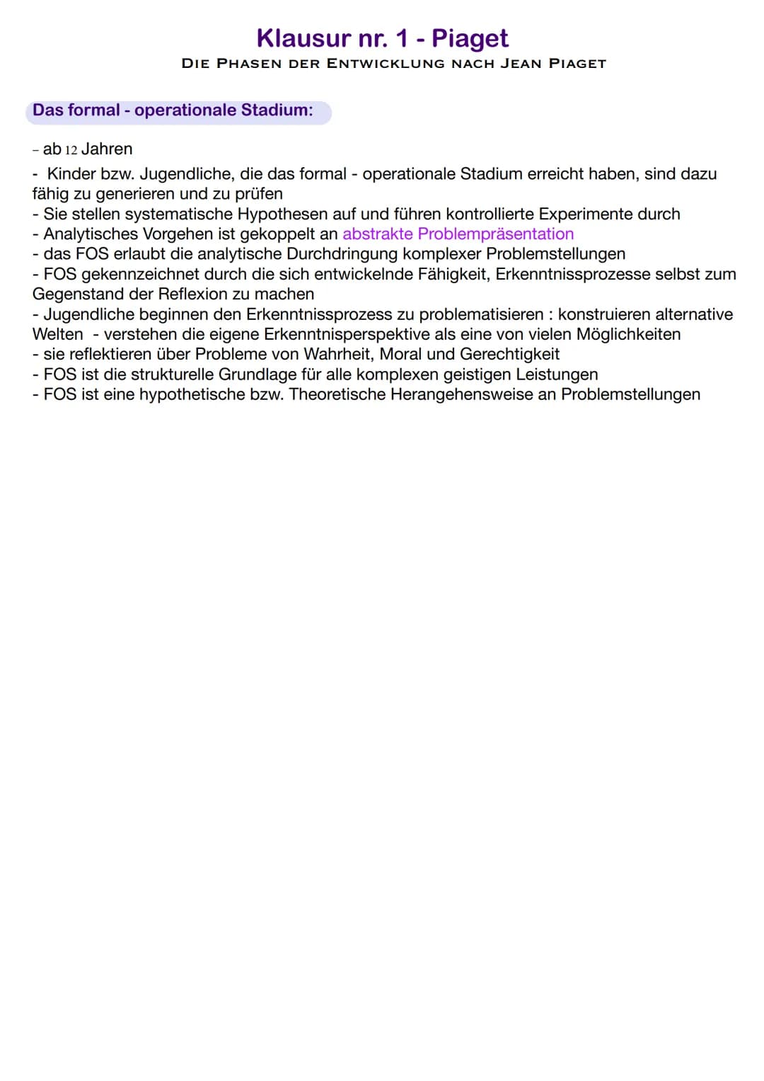 Fachbegriffe:
Klausur nr. 1- Piaget
Adaption/Adaptation: Der Anpassungsprozess der kognitiven Strukturen
Assimilation: Verwenden der bekannt