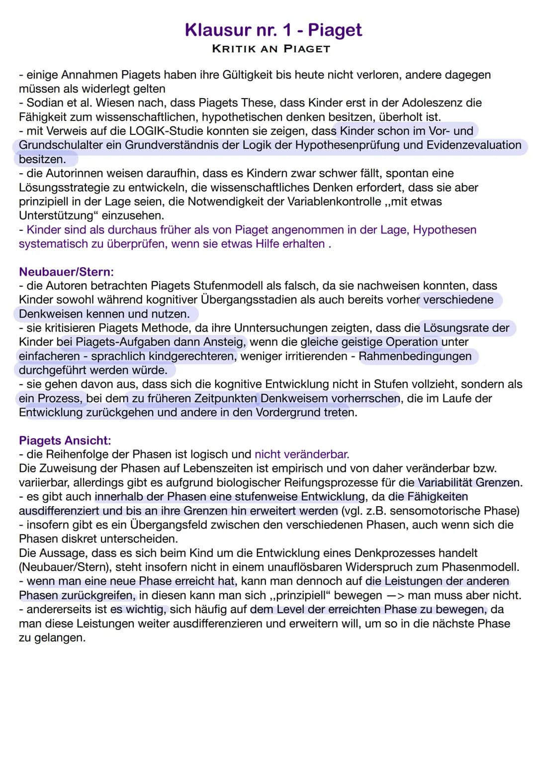 Fachbegriffe:
Klausur nr. 1- Piaget
Adaption/Adaptation: Der Anpassungsprozess der kognitiven Strukturen
Assimilation: Verwenden der bekannt