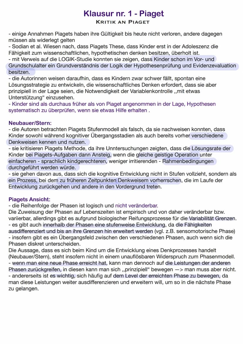 Fachbegriffe:
Klausur nr. 1- Piaget
Adaption/Adaptation: Der Anpassungsprozess der kognitiven Strukturen
Assimilation: Verwenden der bekannt