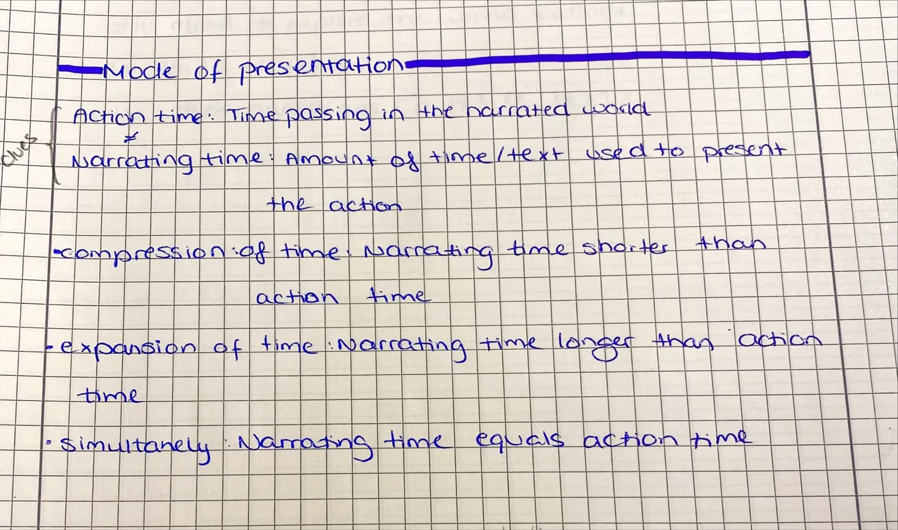 -Mode of presentation-
Action time: Time passing in the narrated world
#
Narrating time: Amount of time / text used to present
the action
co