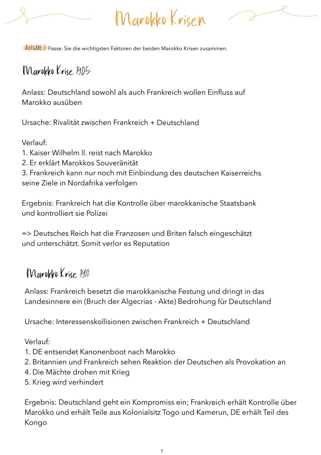Marokko Krisen
AUFGABE 2 Fasse. Sie die wichtigsten Faktoren der beiden Marokko Krisen zusammen.
Marokko Krise 1905:
Anlass: Deutschland sow
