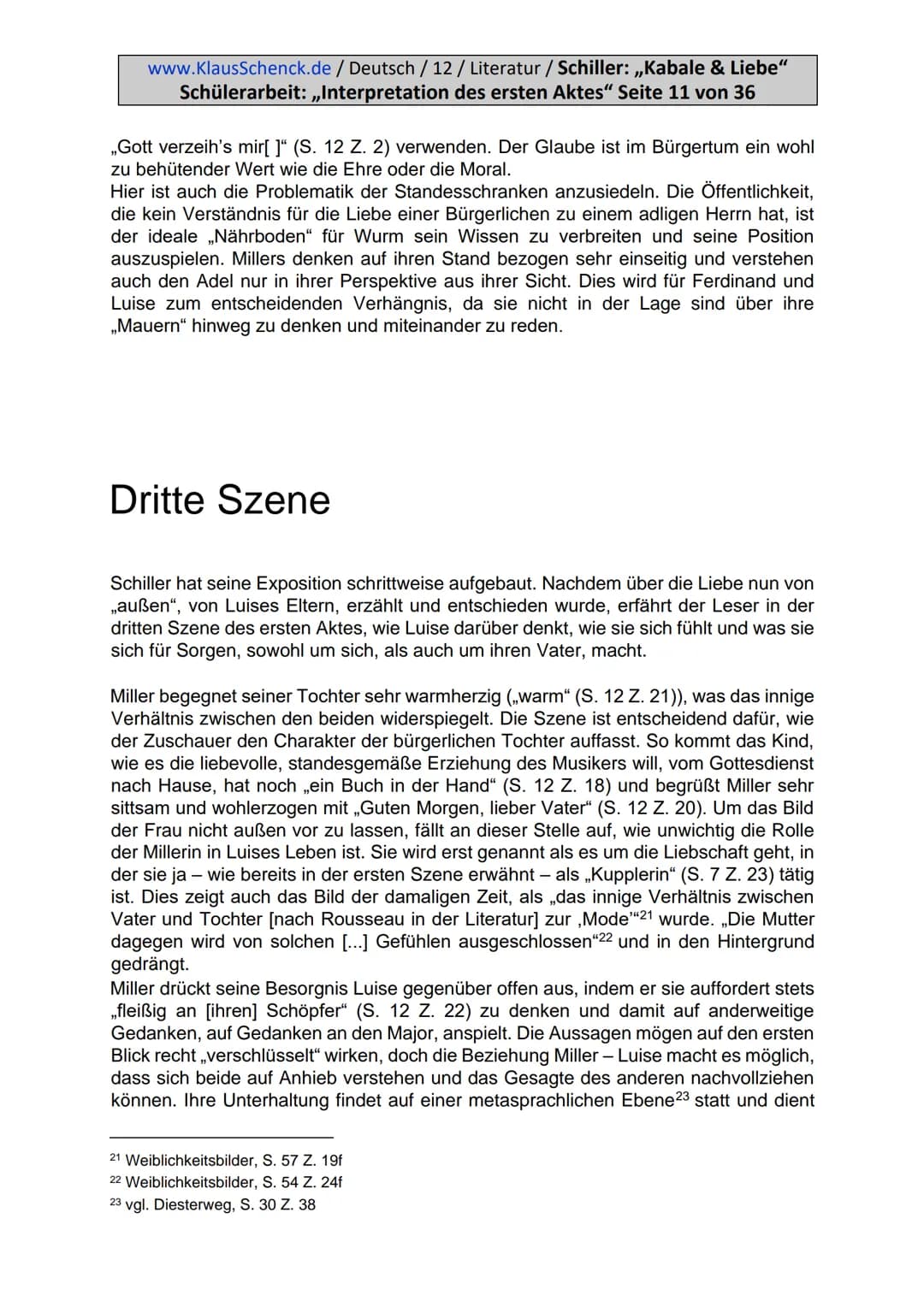 www.KlausSchenck.de / Deutsch / 12 / Literatur / Schiller: „Kabale & Liebe"
Schülerarbeit: „Interpretation des ersten Aktes" Seite 2 von 36
