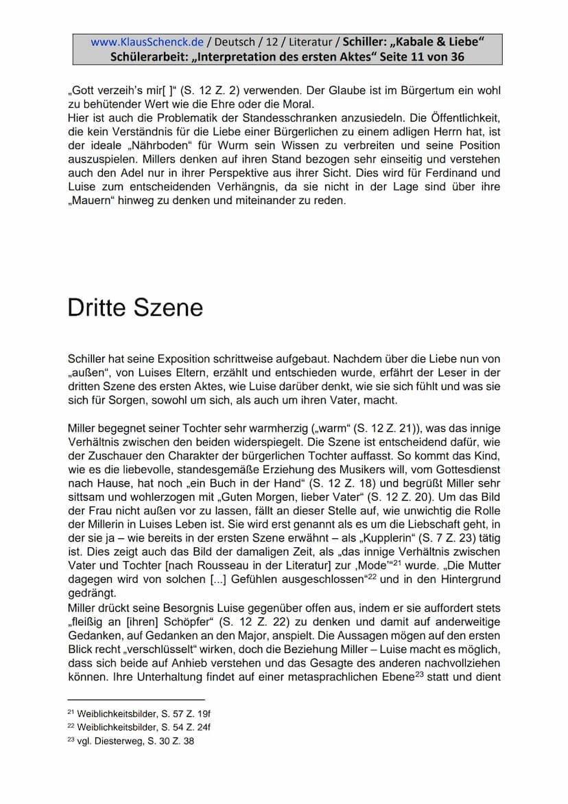 www.KlausSchenck.de / Deutsch / 12 / Literatur / Schiller: „Kabale & Liebe"
Schülerarbeit: „Interpretation des ersten Aktes" Seite 2 von 36
