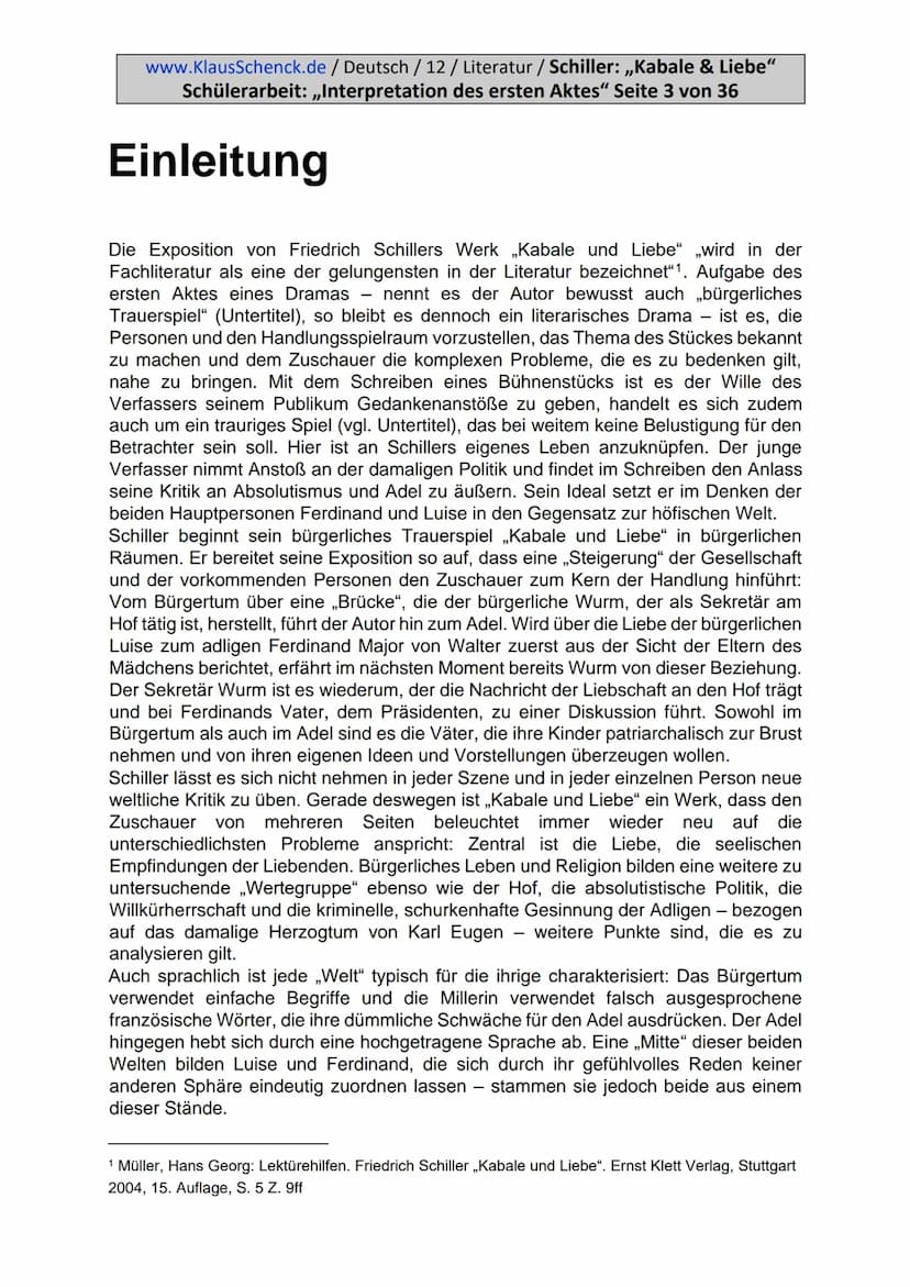 www.KlausSchenck.de / Deutsch / 12 / Literatur / Schiller: „Kabale & Liebe"
Schülerarbeit: „Interpretation des ersten Aktes" Seite 2 von 36
