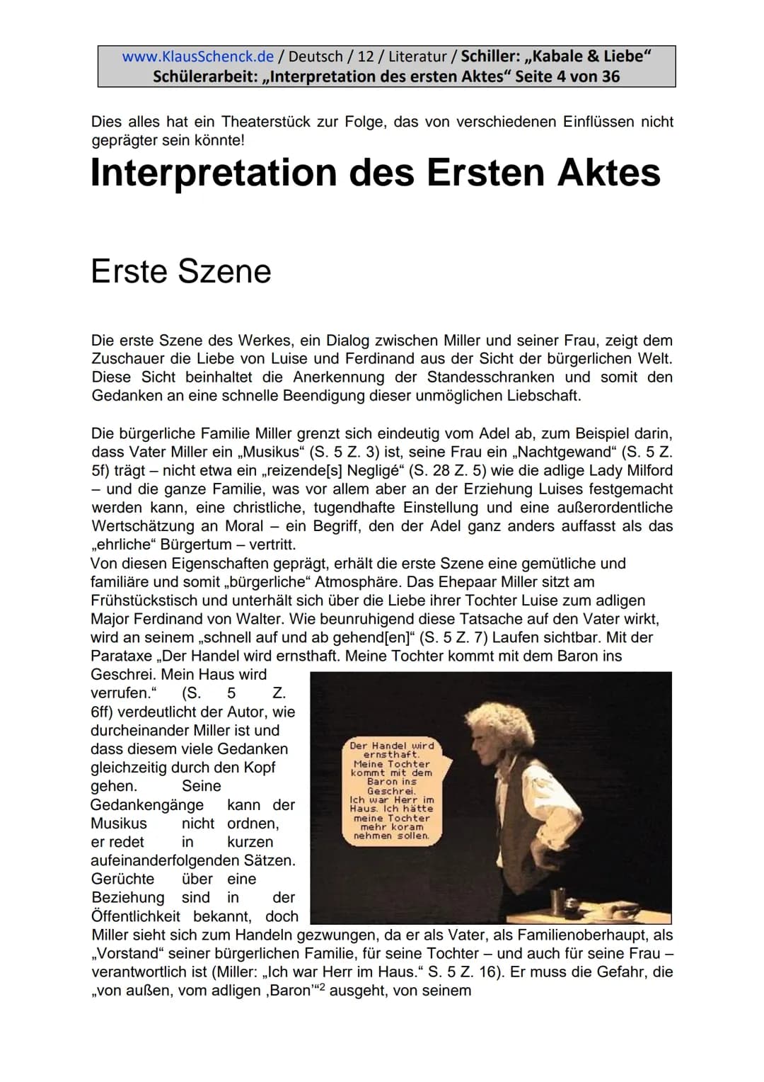 www.KlausSchenck.de / Deutsch / 12 / Literatur / Schiller: „Kabale & Liebe"
Schülerarbeit: „Interpretation des ersten Aktes" Seite 2 von 36

