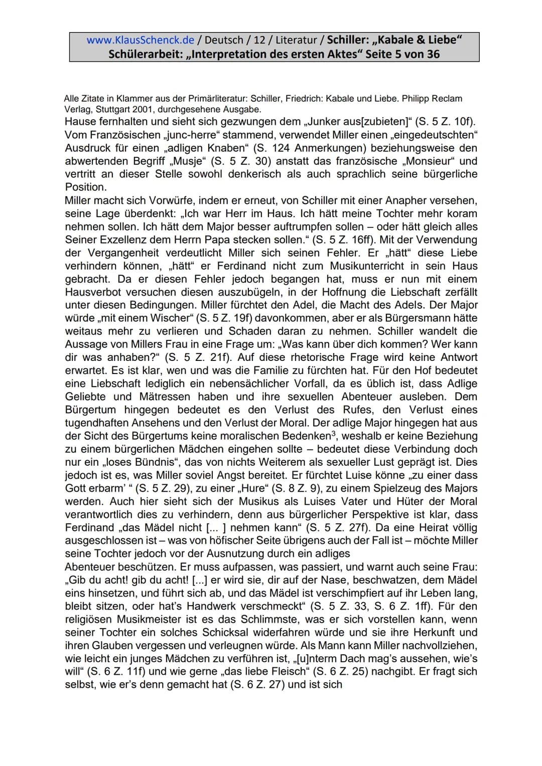 www.KlausSchenck.de / Deutsch / 12 / Literatur / Schiller: „Kabale & Liebe"
Schülerarbeit: „Interpretation des ersten Aktes" Seite 2 von 36
