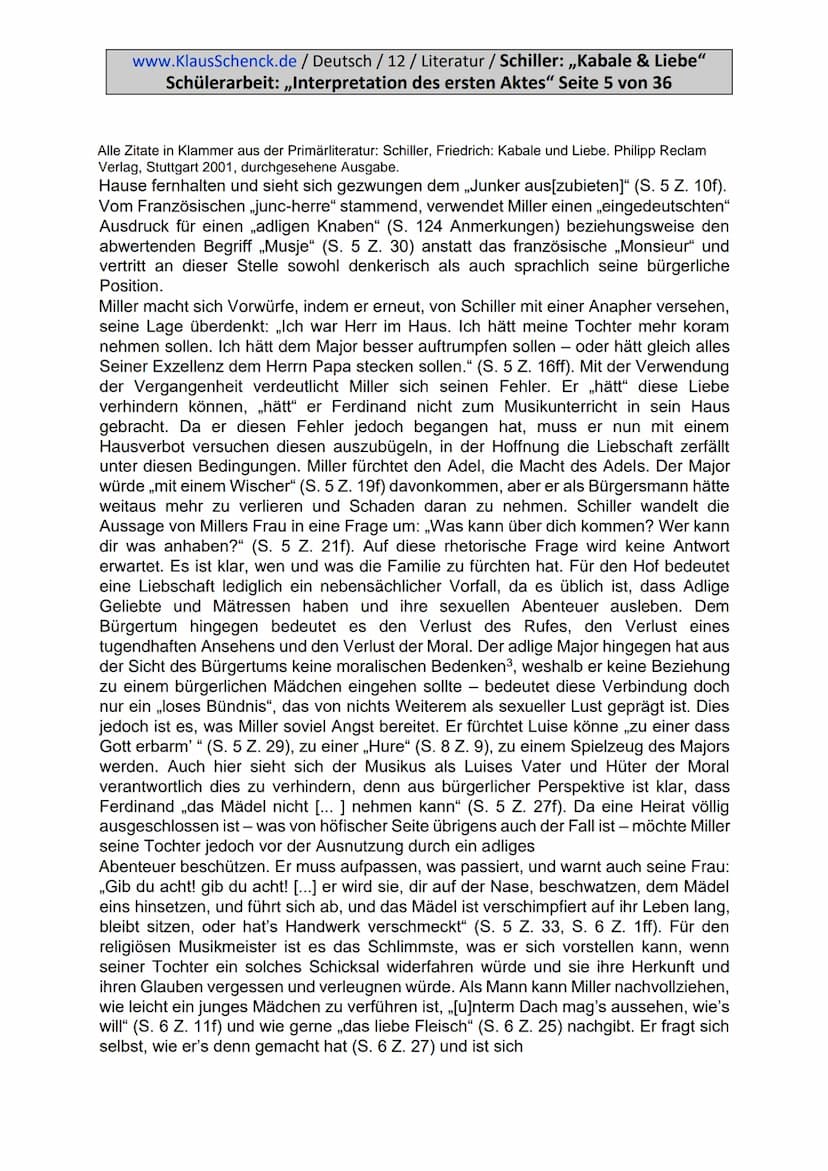 www.KlausSchenck.de / Deutsch / 12 / Literatur / Schiller: „Kabale & Liebe"
Schülerarbeit: „Interpretation des ersten Aktes" Seite 2 von 36
