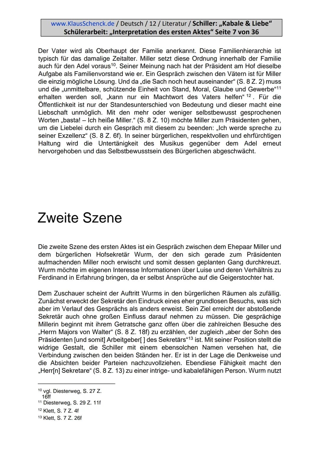 www.KlausSchenck.de / Deutsch / 12 / Literatur / Schiller: „Kabale & Liebe"
Schülerarbeit: „Interpretation des ersten Aktes" Seite 2 von 36
