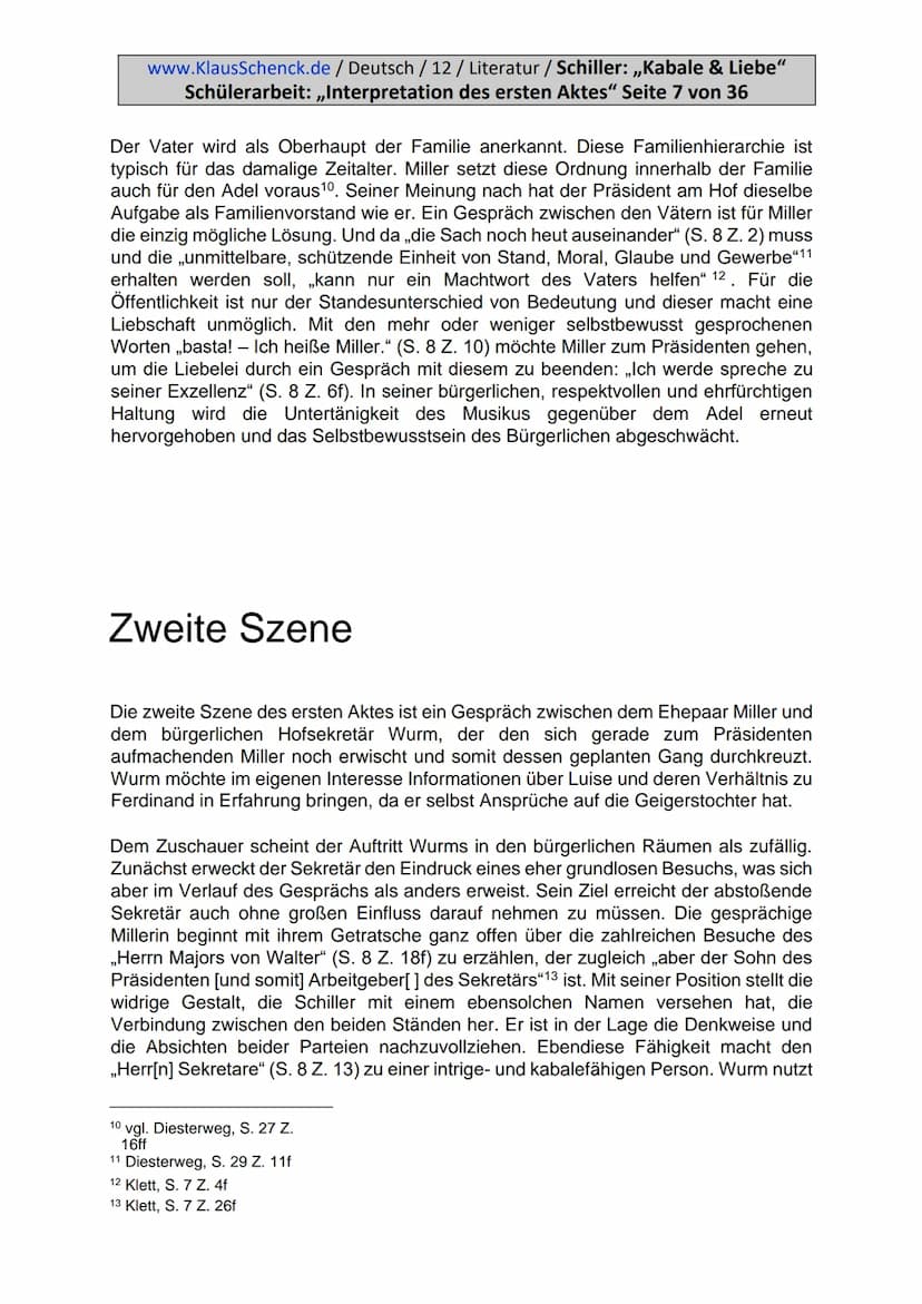 www.KlausSchenck.de / Deutsch / 12 / Literatur / Schiller: „Kabale & Liebe"
Schülerarbeit: „Interpretation des ersten Aktes" Seite 2 von 36
