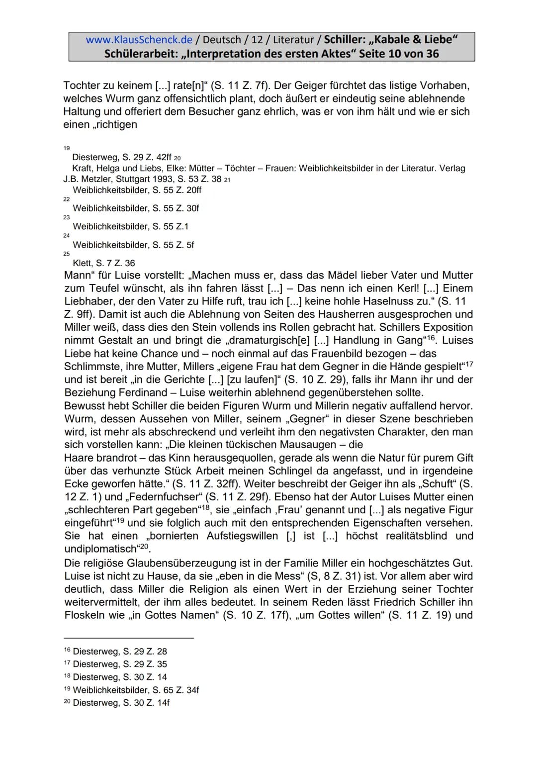 www.KlausSchenck.de / Deutsch / 12 / Literatur / Schiller: „Kabale & Liebe"
Schülerarbeit: „Interpretation des ersten Aktes" Seite 2 von 36
