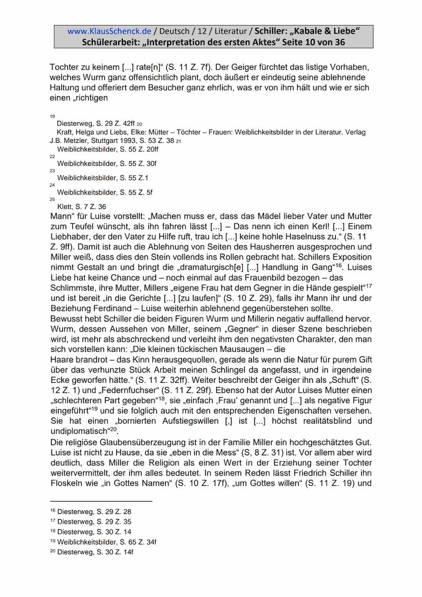 www.KlausSchenck.de / Deutsch / 12 / Literatur / Schiller: „Kabale & Liebe"
Schülerarbeit: „Interpretation des ersten Aktes" Seite 2 von 36
