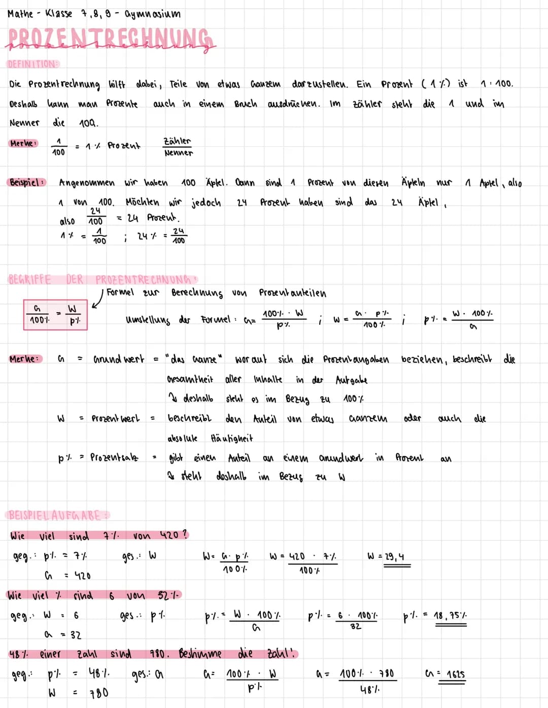 Mathe Klasse 7, 8, 9 - Gymnasium
PROZENTRECHNUNG
DEFINITIONE
Die Prozentrechnung hilft dabei, Teile von etwas Ganzem darzustellen. Ein Proze