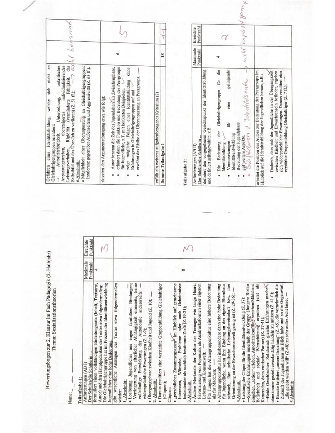 Name:
Bewertungsbogen zur 2. Klausur im Fach Pädagogik (2. Halbjahr)
Thema: Sozialisationstheorien
Teilaufgabe 1:
Anforderungen (AB I)
Der S