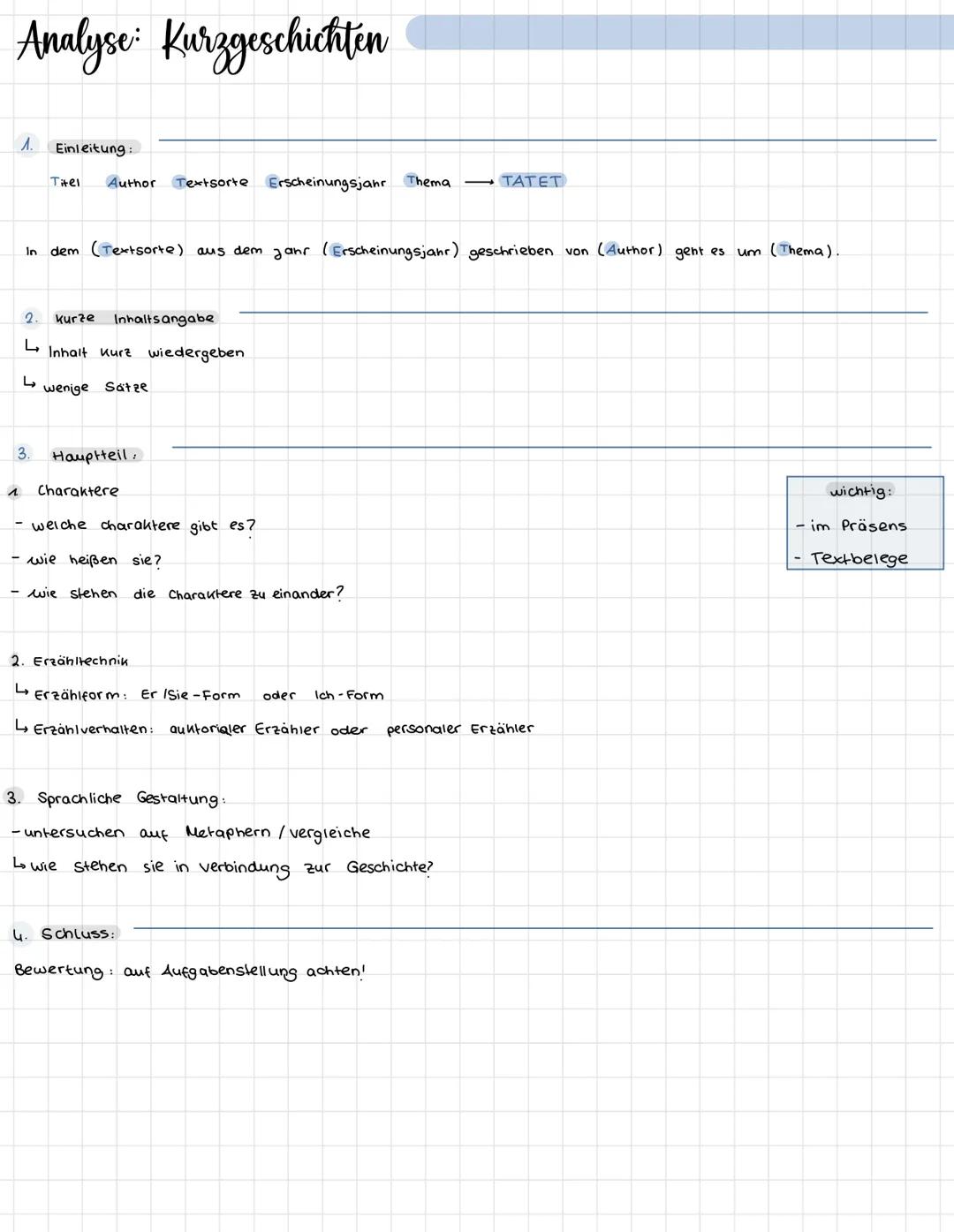Analyse Kurzgeschichten
1. Einleitung:
Titel
Author Textsorte Erscheinungsjahr
با
2. kurze Inhaltsangabe
L Inhalt kurz wiedergeben.
wenige S