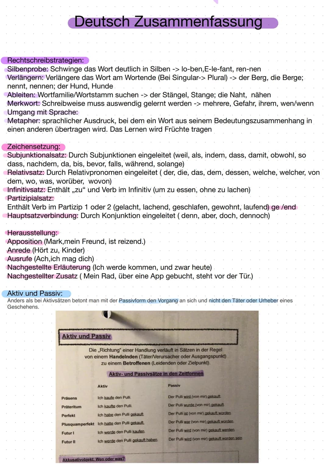Deutsch Zusammenfassung
Rechtschreibstrategien:
Silbenprobe: Schwinge das Wort deutlich in Silben -> lo-ben, E-le-fant, ren-nen
Verlängern: 