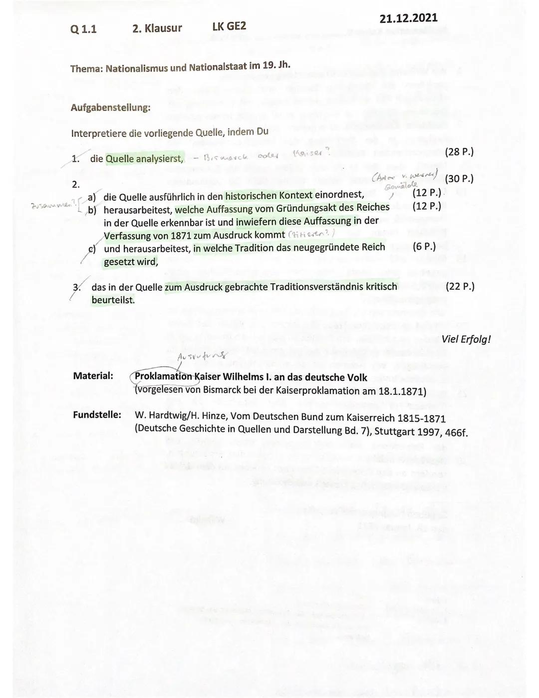 Q 1.1
Thema: Nationalismus und Nationalstaat im 19. Jh.
2. Klausur
Aufgabenstellung:
Interpretiere die vorliegende Quelle, indem Du
1. die Q
