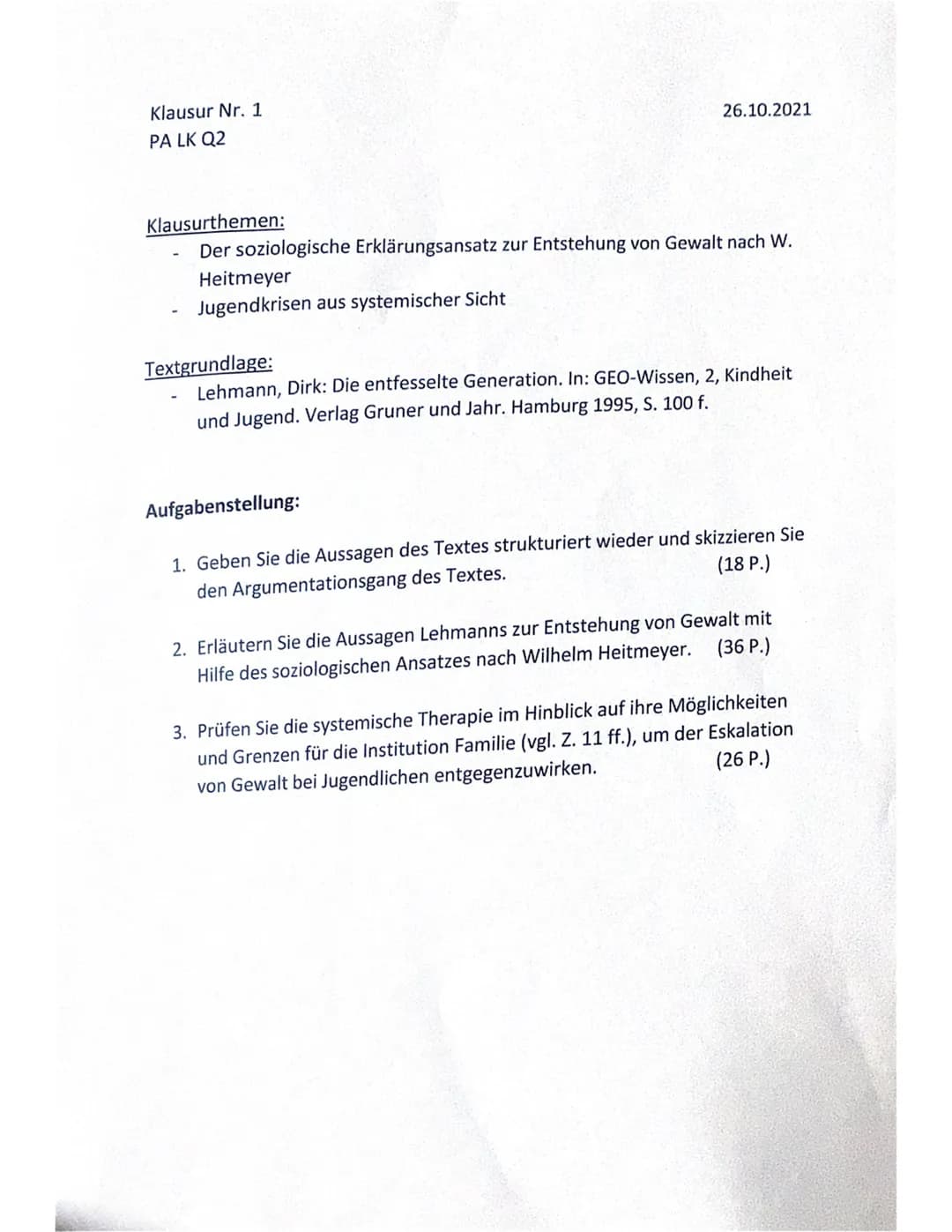 Erwartungshorizont zur Klausur Heitmeyer/systemische Therapie
Teilaufgabe 1:
2
Anforderungen
Der Schüler/die Schülerin...
1 formuliert einen