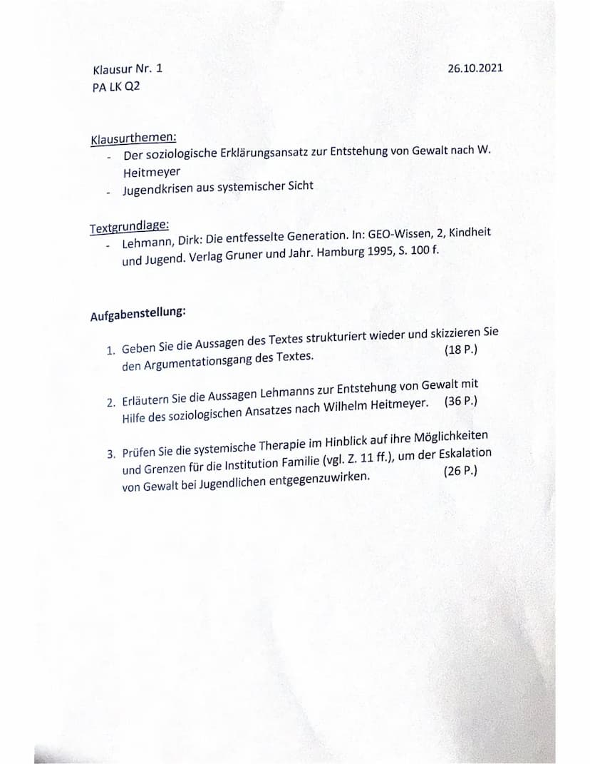 Erwartungshorizont zur Klausur Heitmeyer/systemische Therapie
Teilaufgabe 1:
2
Anforderungen
Der Schüler/die Schülerin...
1 formuliert einen