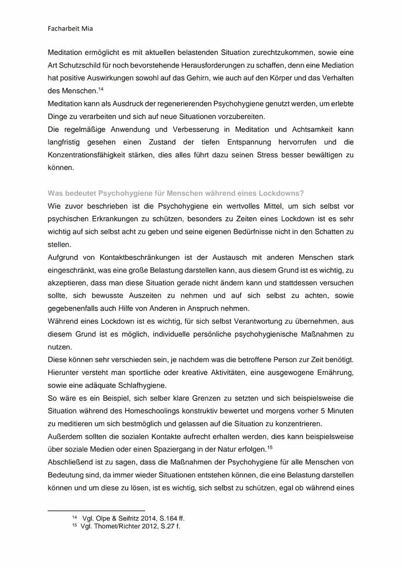 Facharbeit Mia
Psychohygiene
In Deutschland leiden zur Zeit circa 27,7%¹ der Menschen zwischen 18 und 79 Jahren unter
einer psychischen Kran