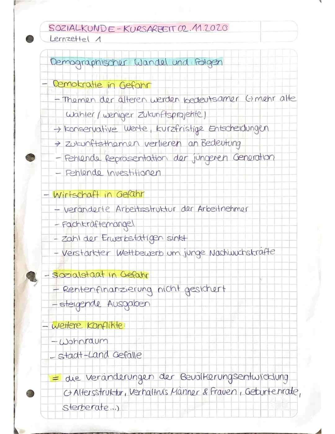 SOZIALKUNDE-KURSARBEIT 02.11.2020
Lernzettel 1
Demographischer Wandel und folgen
Demokratie in Gefahr
-Themen der älteren werden bedeutsamer