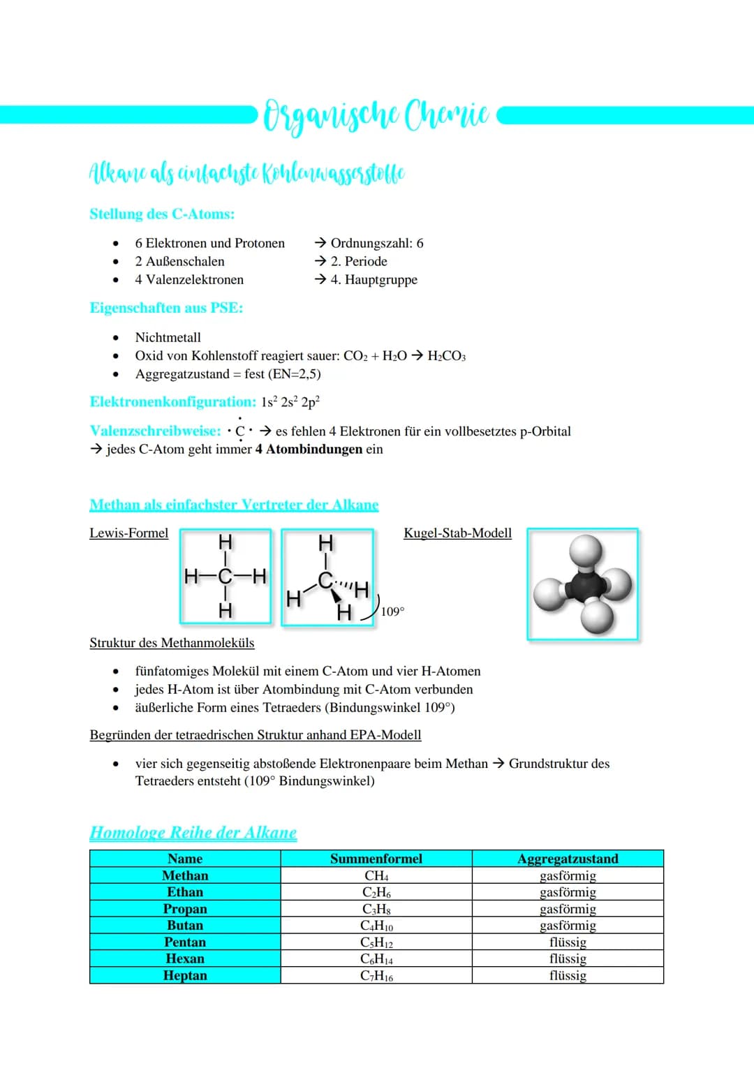 Alkane als einfachste Kohlenwasserstoffe
Stellung des C-Atoms:
● 2 Außenschalen
4 Valenzelektronen
Eigenschaften aus PSE:
6 Elektronen und P