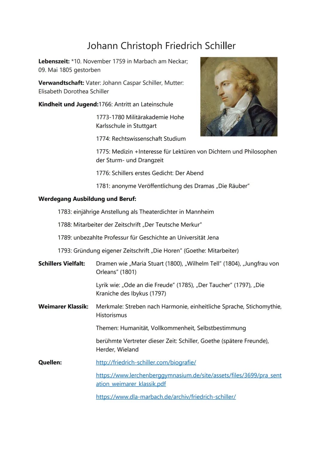 Lebenszeit: *10. November 1759 in Marbach am Neckar;
09. Mai 1805 gestorben
Johann Christoph Friedrich Schiller
Verwandtschaft: Vater: Johan