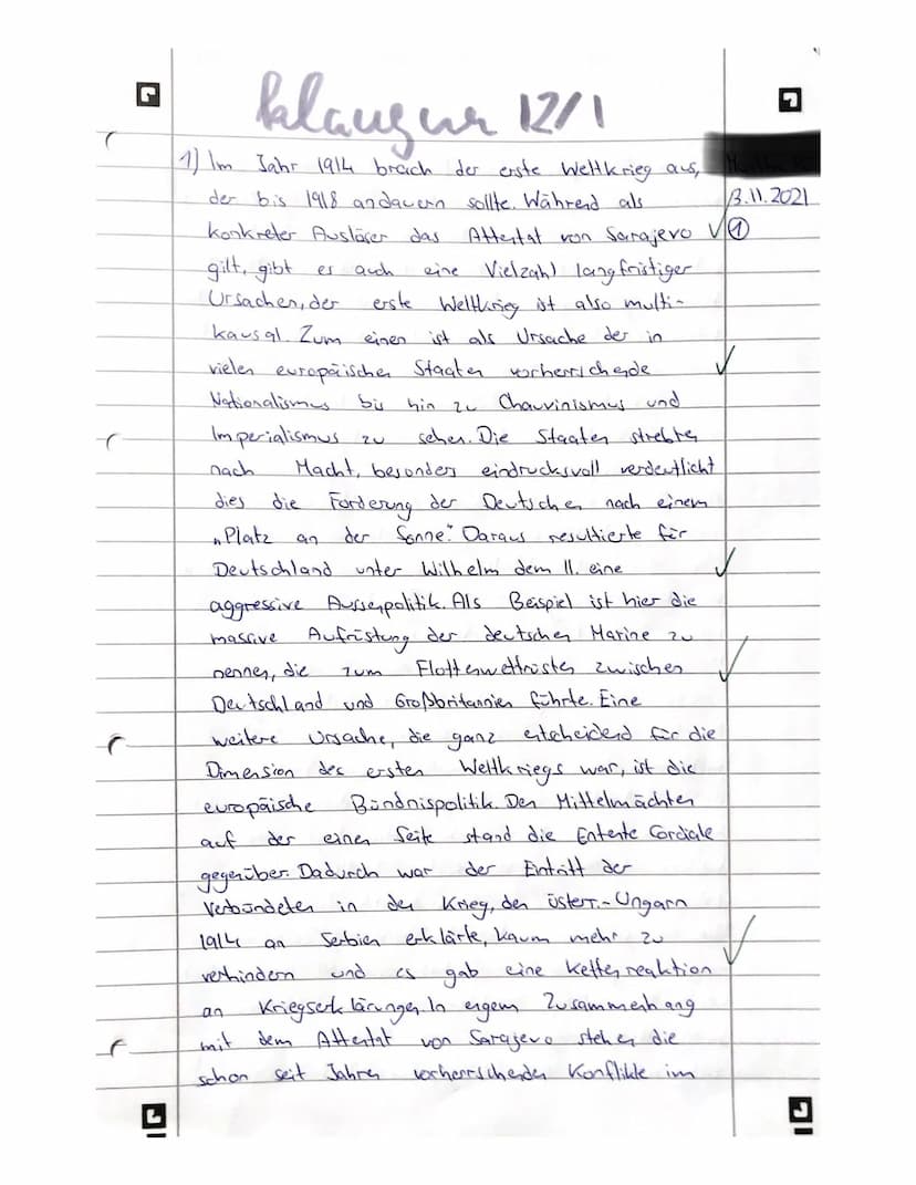 Klausur Geschichte Leistungskurs 12/1
Erster Weltkrieg -
Erlaubte Hilfsmittel: Wörterbuch der deutschen Rechtschreibung, Historischer Weltat