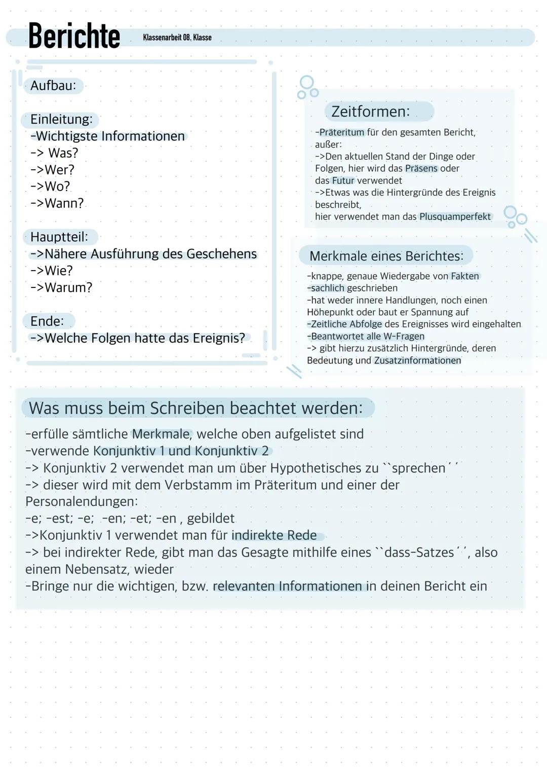 Berichte
Aufbau:
Klassenarbeit 08. Klasse
Einleitung:
-Wichtigste Informationen
-> Was?
->Wer?
->Wo?
->Wann?
Hauptteil:
->Nähere Ausführung 