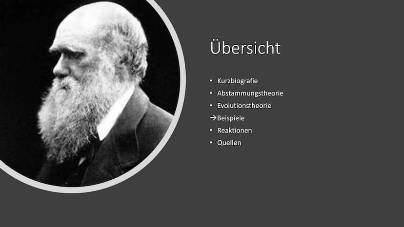 Charles Darwin
Von Pouya Afzali Tari Übersicht
●
●
Kurzbiografie
Abstammungstheorie
Evolutionstheorie
→Beispiele
Reaktionen
Quellen Herkunft