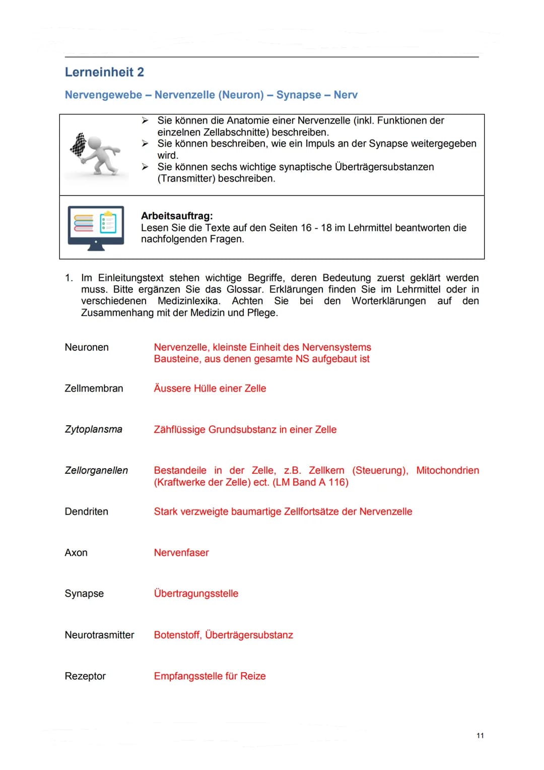 Lerndossier:
Anatomie und Physiologie
Nervensystem
Lösungsvorschläge komplett Anatomie/ Physiologie des Nervensystems
Ausgangslage
Mit diese