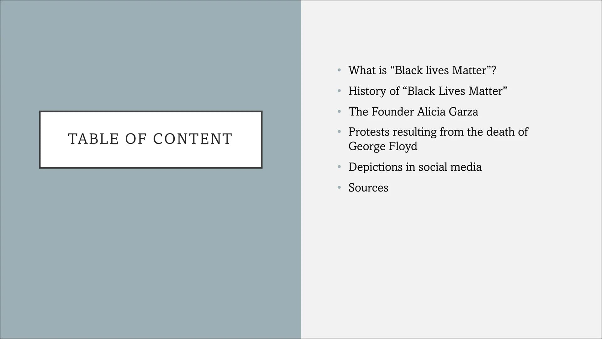 BLACK LIVES MATTER
A presentation by
Riccardo and Cedric TABLE OF CONTENT
●
●
●
●
What is "Black lives Matter"?
History of "Black Lives Matt