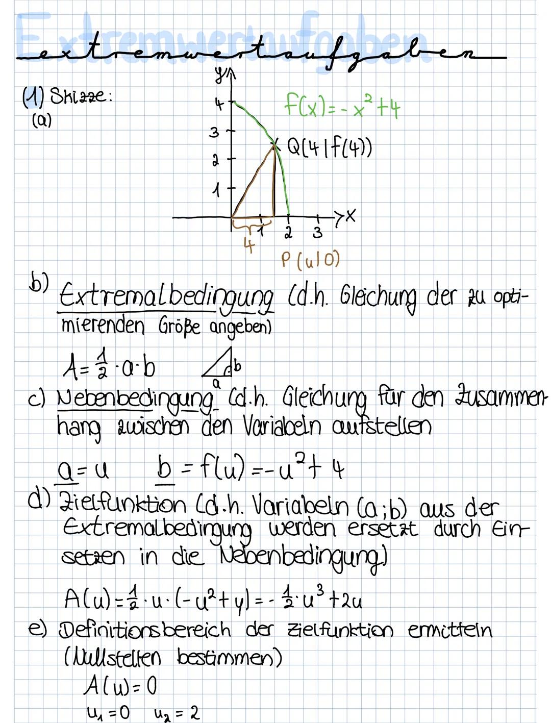 extremwertaufgabe
(1) Skizze:
(a)
4
3+
G
-
4
f(x) = -x² +4
• Q( 4 | F(4))
->X
3
P (ulo)
b) Extremalbedingung (d.h. Gleichung der zu opti-
mi