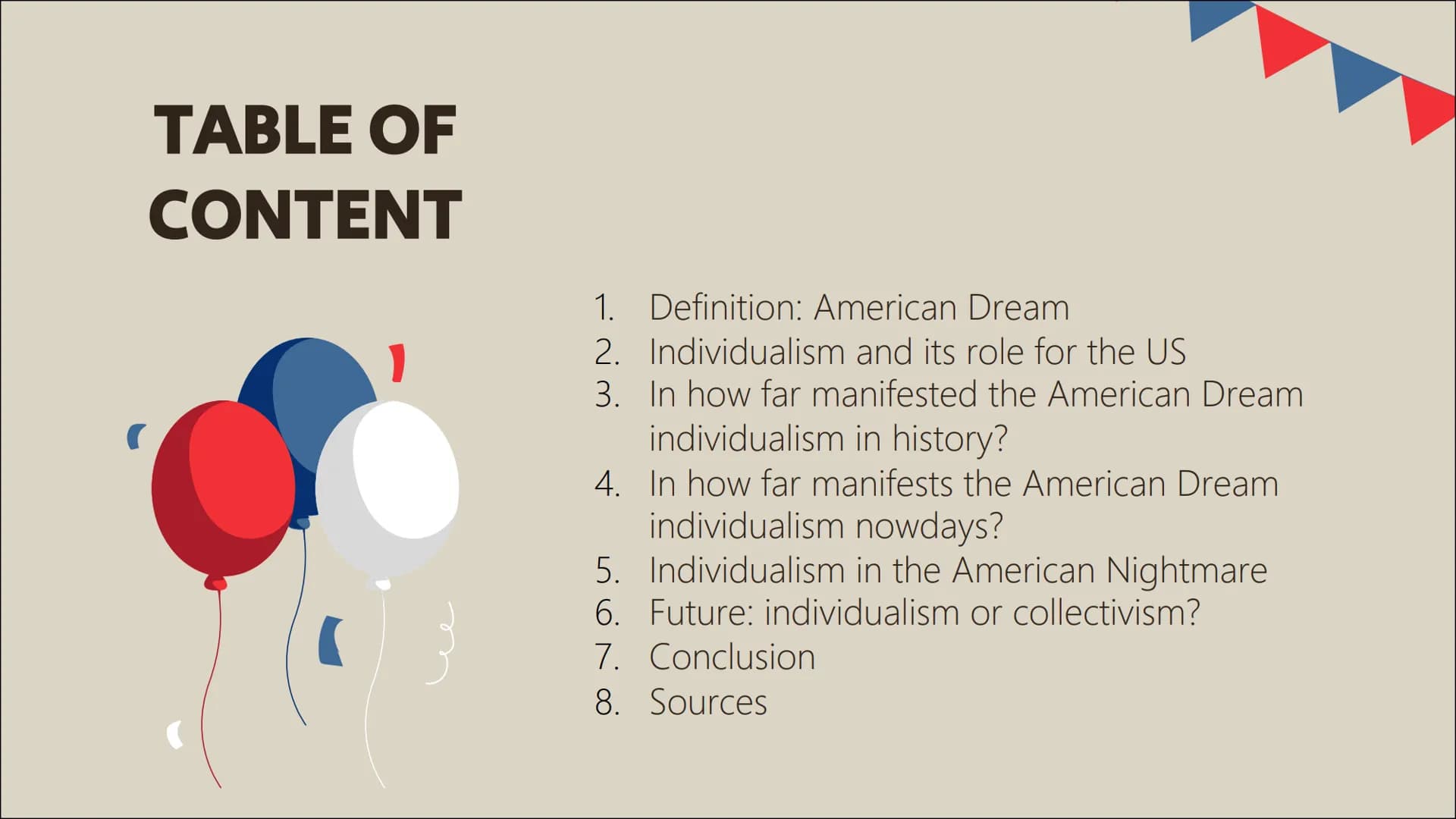 The American
Dream as a
manifestation
of
individualism
Q1 Englisch;
Aenni Tetens, Celina Wennrich,
Emely Huber, Frieda Badmann TABLE OF
CONT