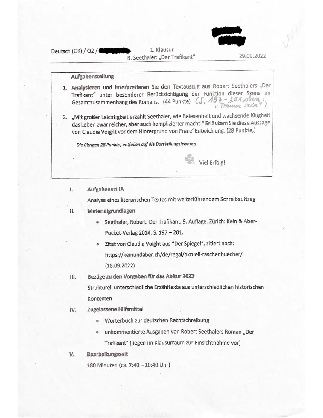 
<p>In dieser Aufgabe soll der Textauszug aus Robert Seethalers „Der Trafikant" analysiert und interpretiert werden. Besonderes Augenmerk so