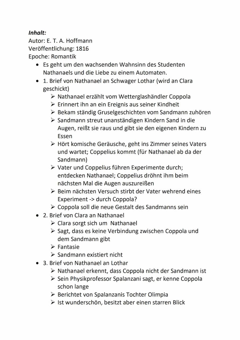 Deutsch Vorabi 28.02.2023
Themen:
o Buch ,,der Sandmann"
➤ Figuren
➤ Inhalt
Motive im Buch
► Epoche Romantik
> Erzähltechnik / Perspektive
o