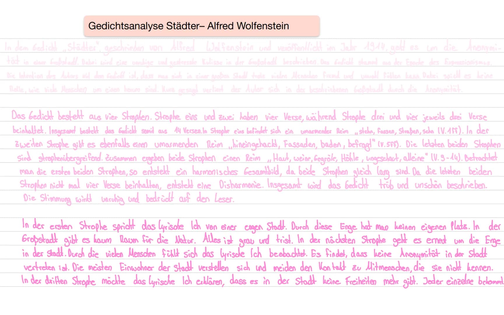 Gedichtsanalyse Städter- Alfred Wolfenstein
In dem Gedicht. „Städter“, geschrieben von Alfred Wolfenstein und veröffentlicht im Jahr 1914, g