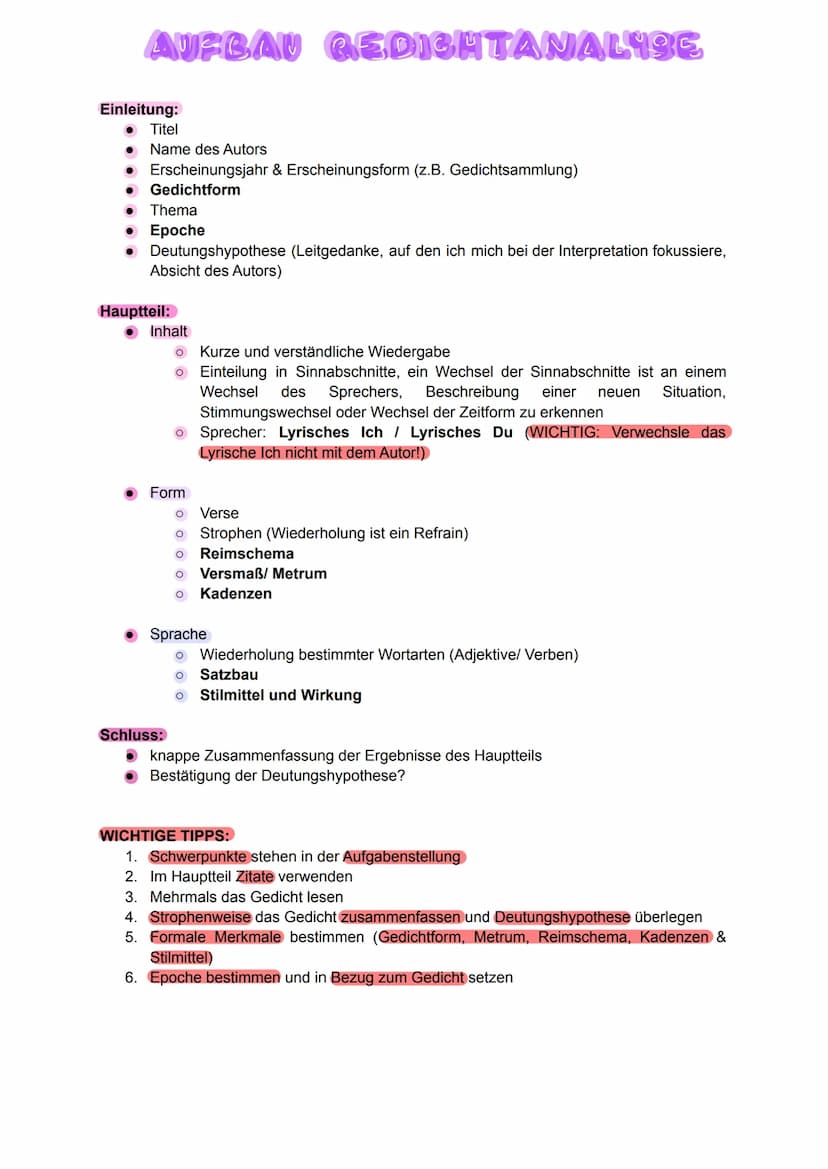 AUFBAU GEDIGHTANALYSE
Einleitung:
● Titel
Name des Autors
• Erscheinungsjahr & Erscheinungsform (z.B. Gedichtsammlung)
●
Gedichtform
Thema
•